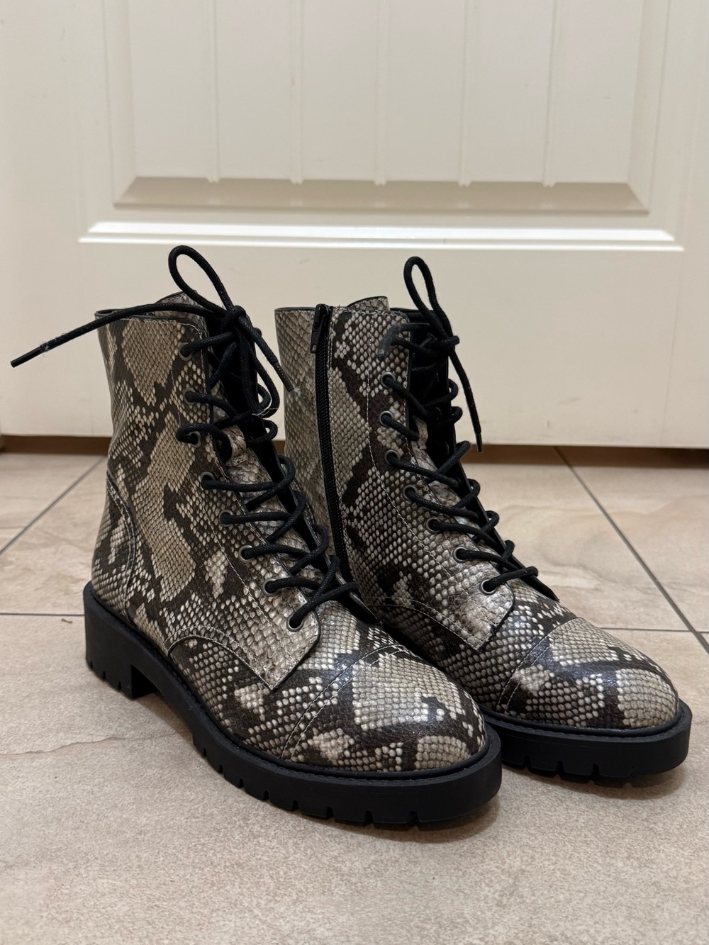 Chelsea & Violet Snake-Print Combat Boots